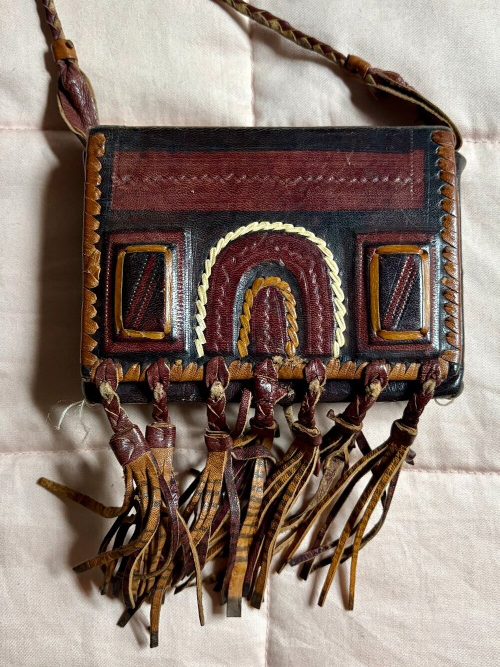 Vtg Handmade Tuareg Leather Fringe Crossbody Bag - African Tribal Boho Festival